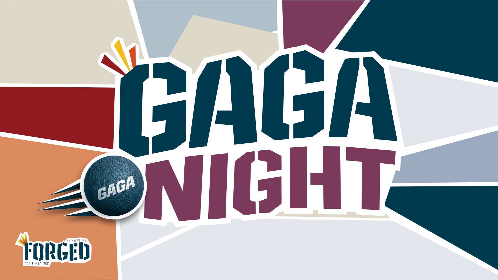 Gaga Night graphic featuring a flying gaga ball and the Forged logo for preteens.
